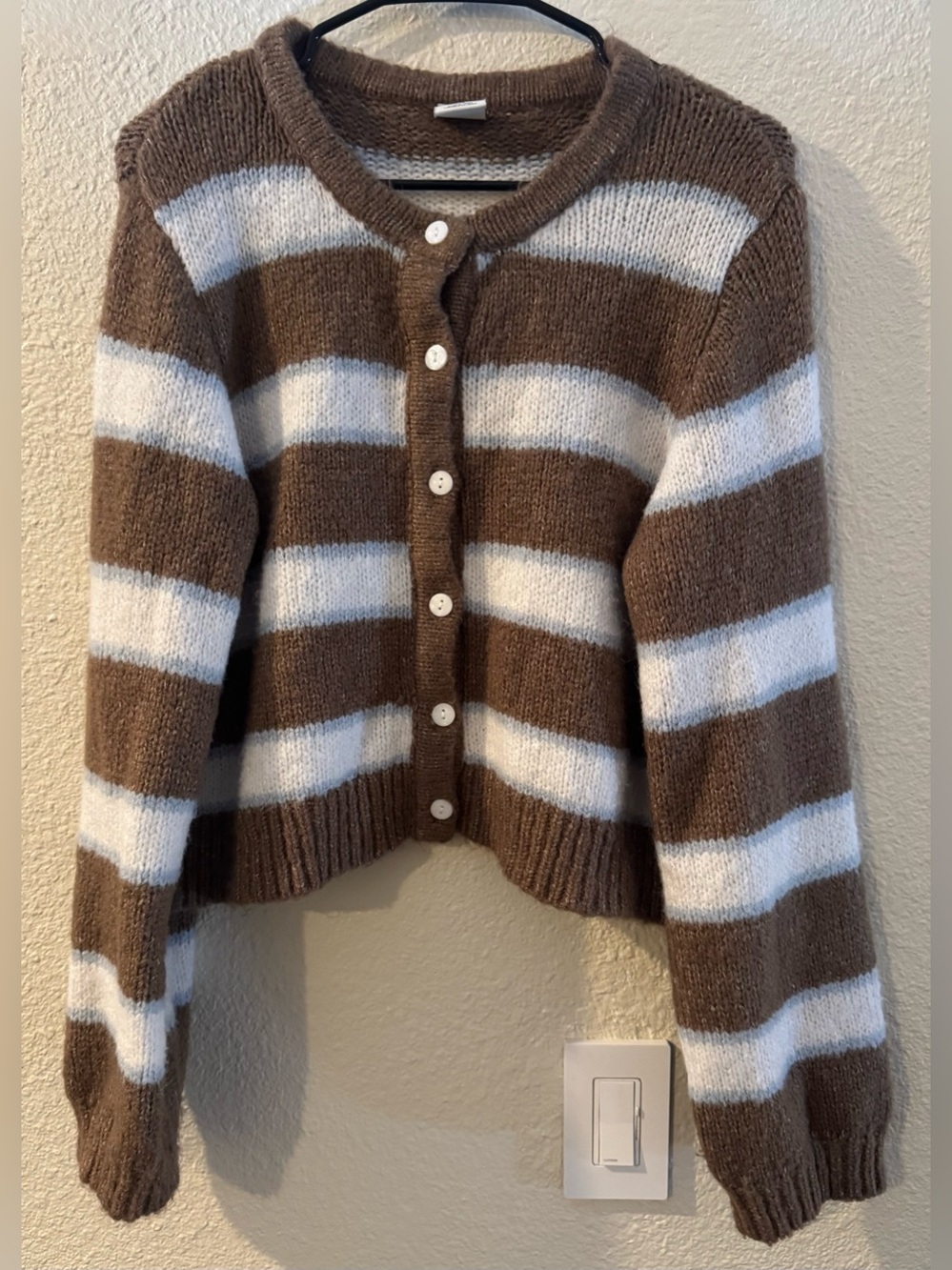 Striped Brown and White Button-Front Knit Cardigan